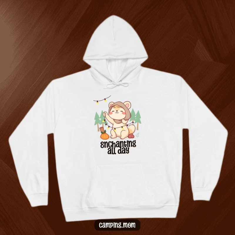 Funny camping mom hoodie, an animal mom energetically setting up glowing fairy lights, creating a warm, inviting atmosphere.