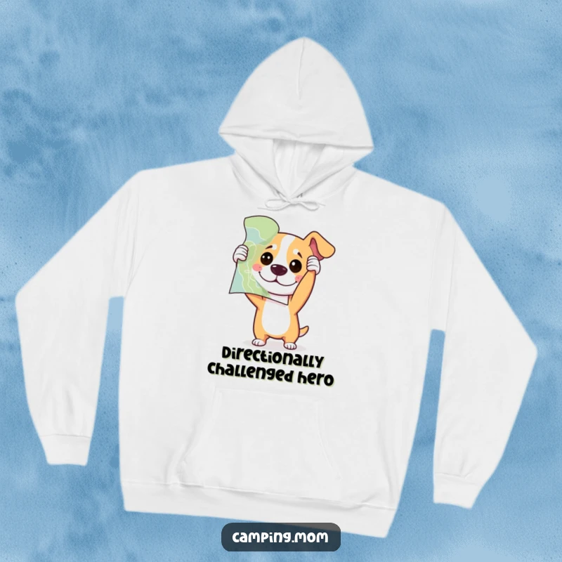 Funny dog holding a map upside down with a look of playful confusion, depicted on a warm hoodie.