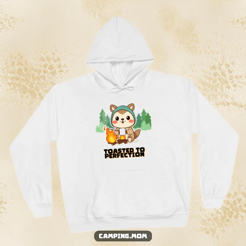 Funny camping animal character proudly displaying a campfire marshmallow, printed on a warm hoodie.