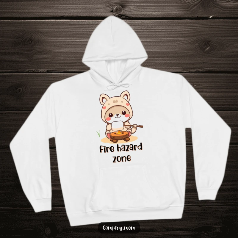 Funny kawaii camping animal character in a hoodie, happily roasting a marshmallow on a stick, radiating warmth and humor.