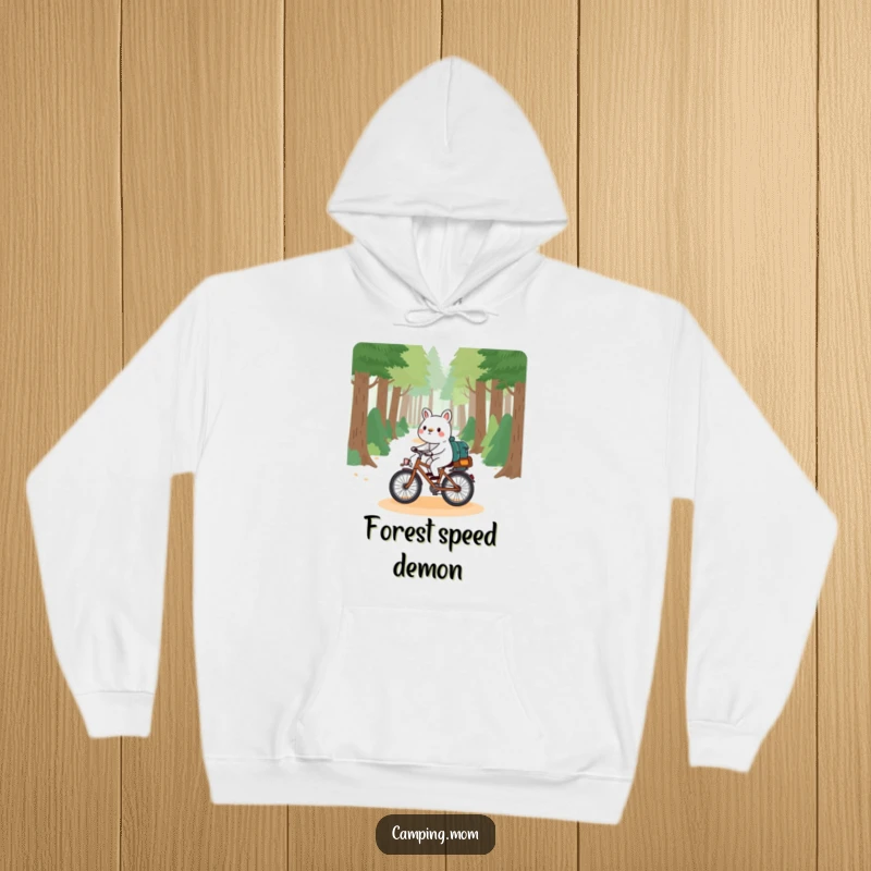 Funny camping animal hoodie, playfully cycling through a lush forest path, offering warmth and a touch of adventurous humor.