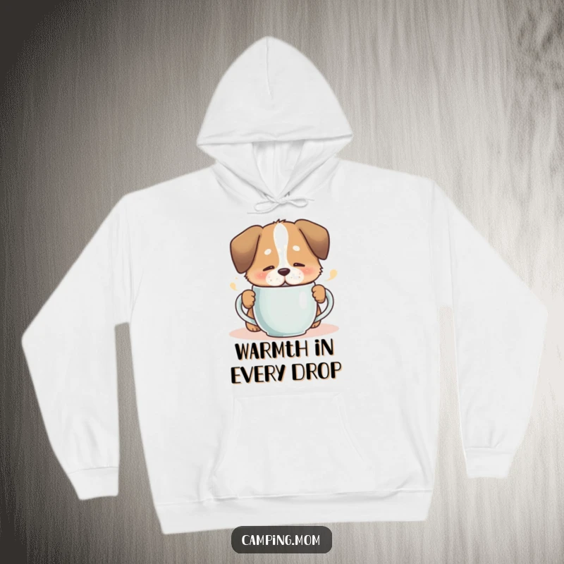Funny dog contentedly sipping from a steaming mug, depicted on a warm and cozy hoodie.