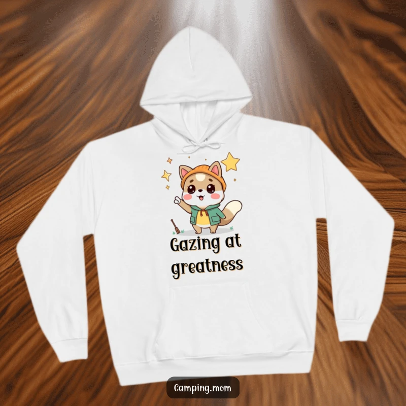 Funny camping animal character wearing a hoodie, excitedly pointing at a magnificent starry sky, radiating awe and warmth.