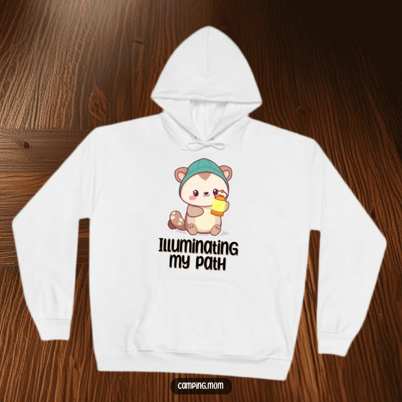 Funny camping animal character wearing a hoodie, holding up a glowing lantern, radiating warmth and helpfulness.