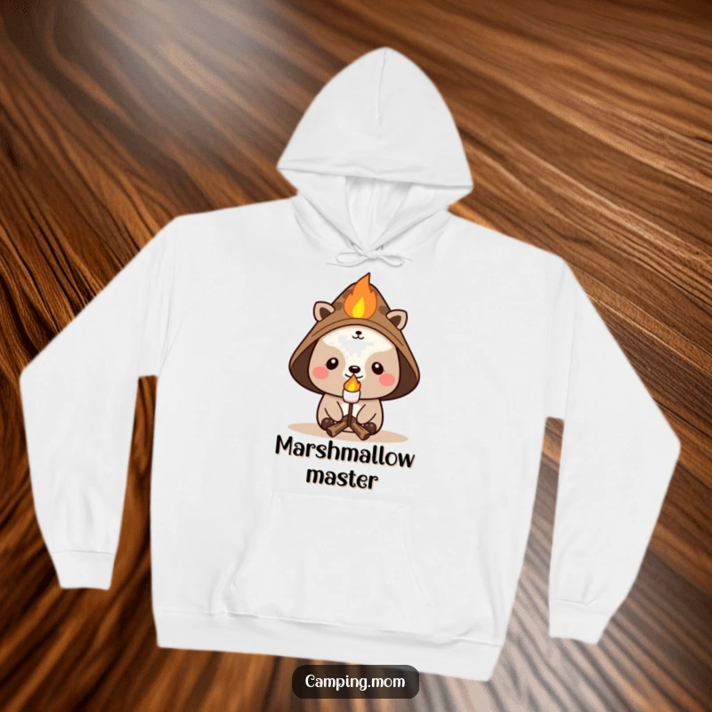 Funny campfire hoodie featuring a cheerful animal in a hat, roasting a marshmallow, exuding warmth, joy, and outdoor fun.