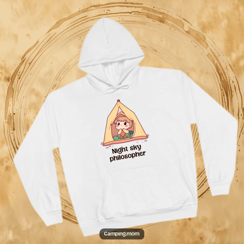Funny hoodie depicting a charming camping character nestled in a tent, looking up in wonder at a brilliant, star-dusted night sky.