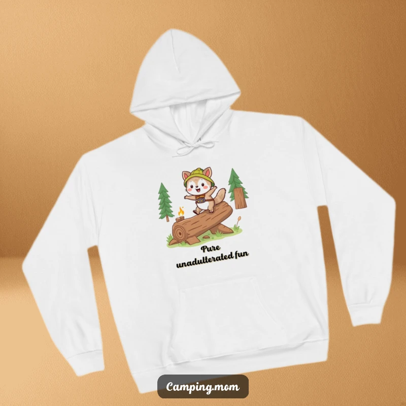 Funny camping animal character gleefully skipping over a log, printed on a warm and cozy hoodie.