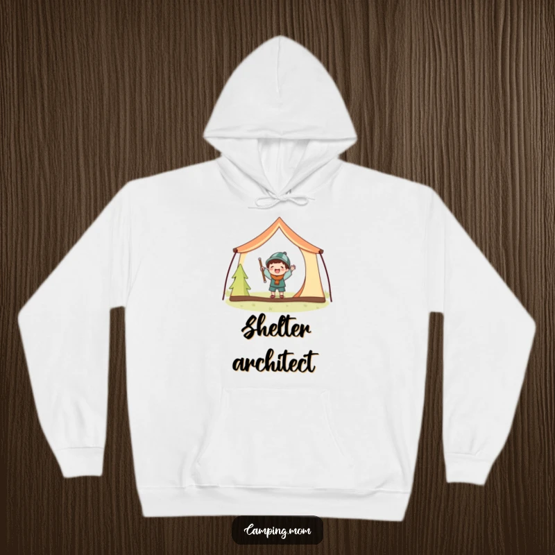 Funny hoodie showing a joyful camping character gleefully attempting tent setup with comically oversized poles.