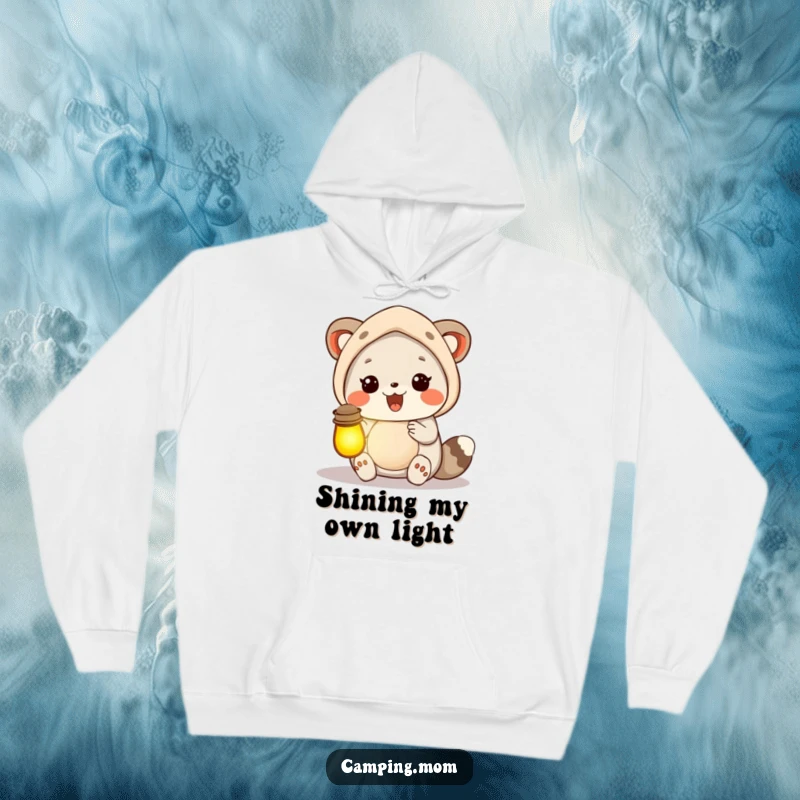 Funny camping mom animal holding a lantern full of glow, designed for cozy nights and radiating warmth.