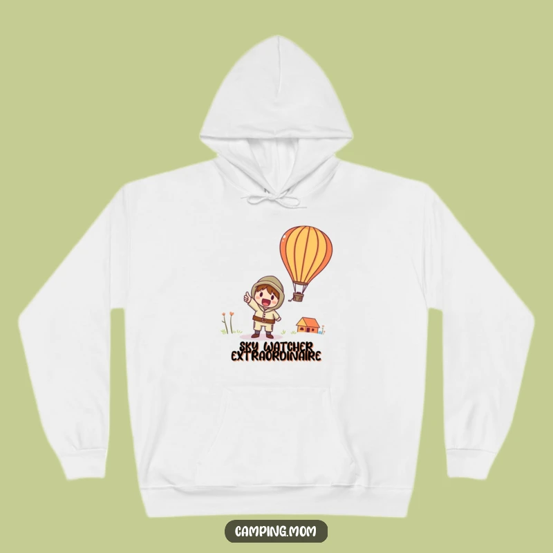Cozy Funny Balloon Camping Hoodie: Whimsical Character Points Up, A Warm Funny Gift.