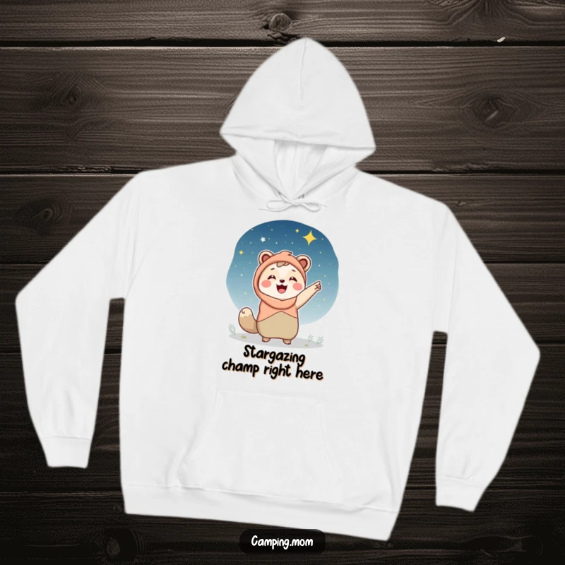 Funny camping mom hoodie, an animal mom pointing happily at a dazzling starry night sky, perfect for cozy evenings.