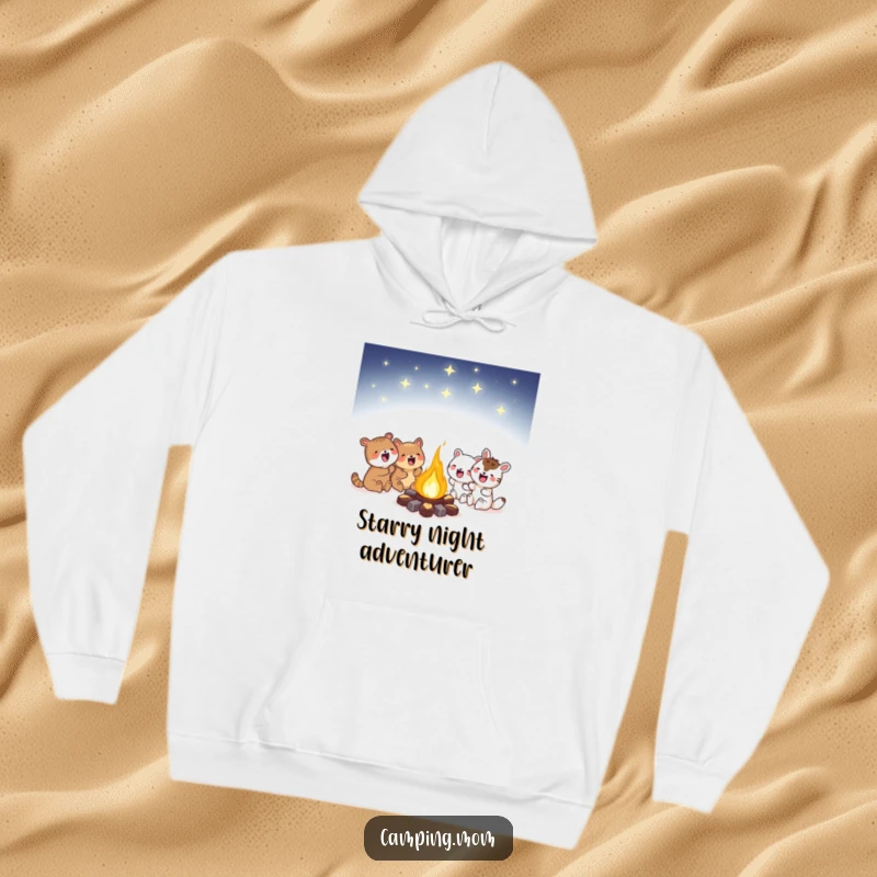 Funny campfire hoodie depicting animals excitedly huddled around a glowing fire under a starry sky, exuding warmth and magical ambiance.