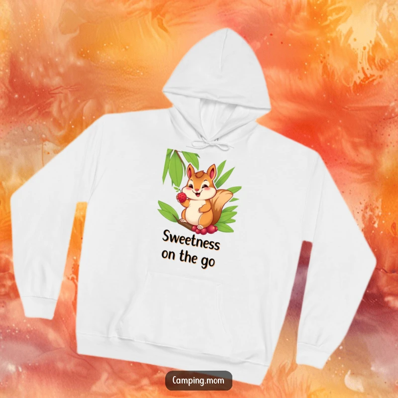 Funny hoodie featuring a cheerful chipmunk with a sweet smile, offering a berry from its palm, for cozy kindness.