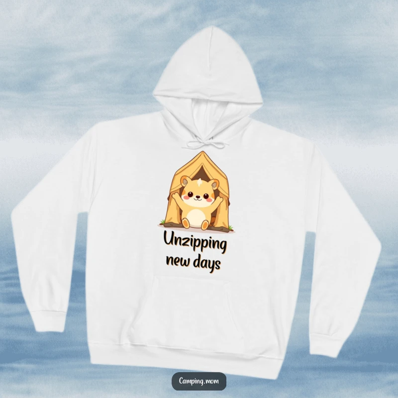 Funny camping animal character in a warm hoodie, joyfully opening a tent flap, embodying the cozy start to an outdoor adventure.