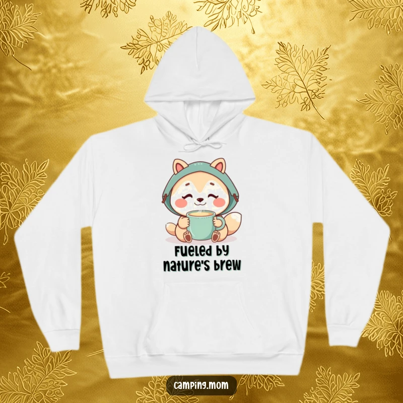 Funny camping mom animal enjoying a steaming mug, designed for ultimate comfort and warmth outdoors.