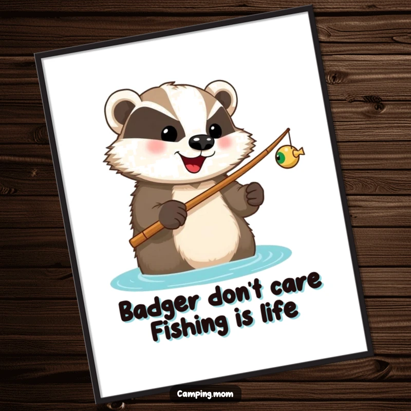 Funny Free Printable Wall Art featuring a happy badger holding a fishing rod, looking forward to a catch, in a serene outdoor setting.