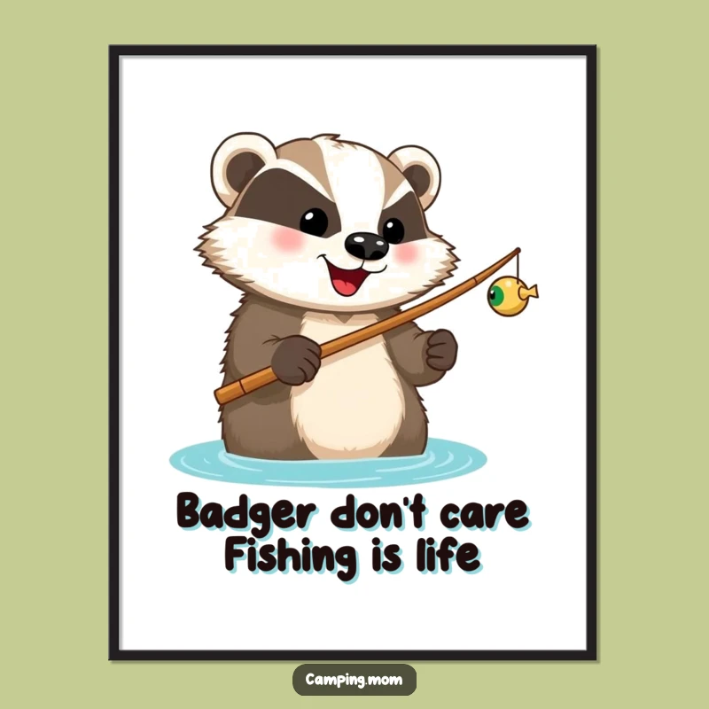 Free Printable Wall Art: Happy Badger Fishing - Funny Woodland Animal Downloadable