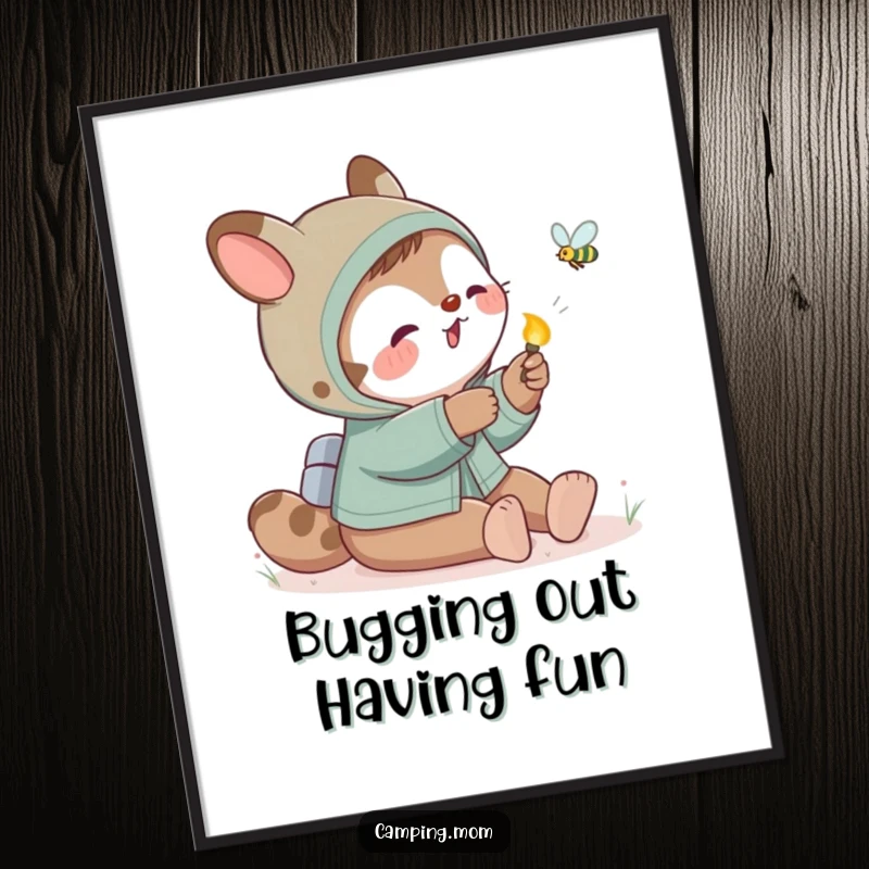 Funny Free Printable Wall Art: Camping mom animal playfully interacts with a glowing firefly, capturing the magic of a summer night.