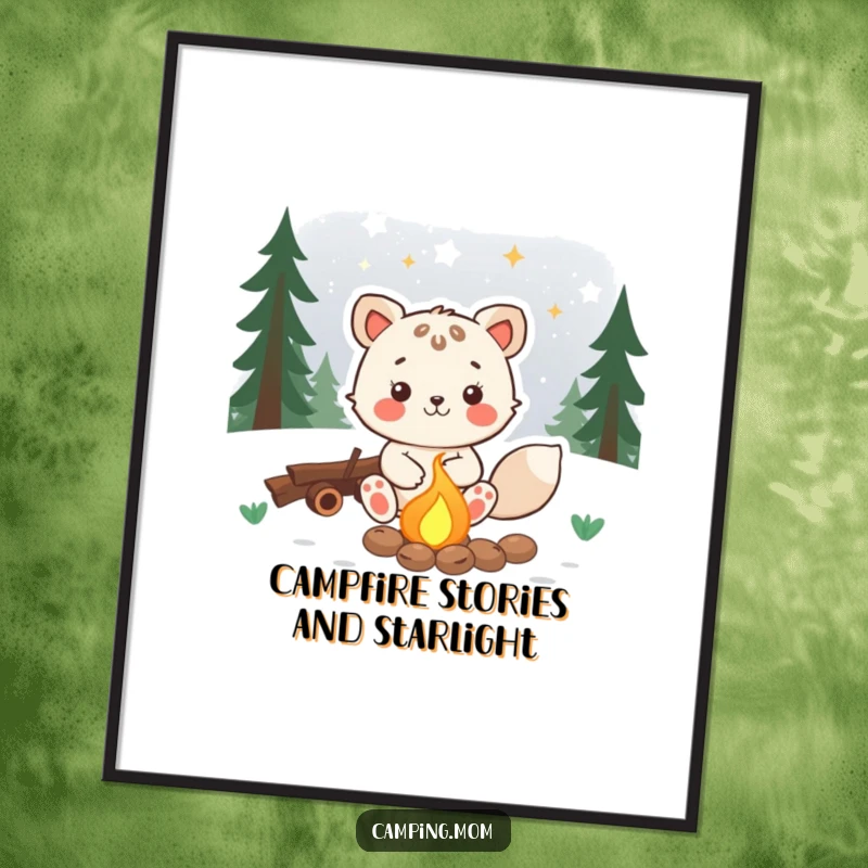 Funny Free Printable Wall Art: A joyful animal character sitting by a campfire, peacefully gazing at a vast, starry night sky, serene.