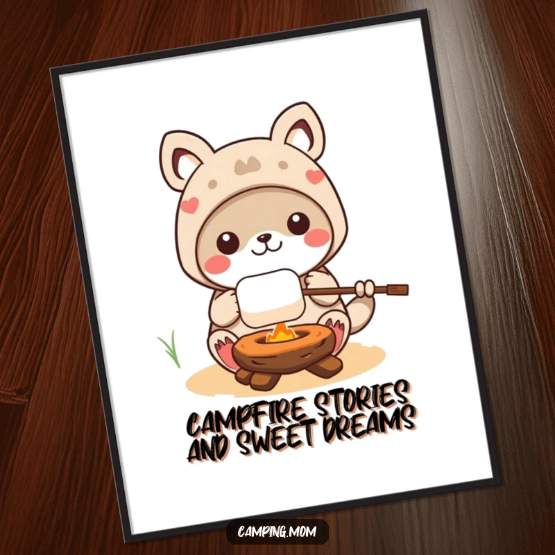 Funny free printable wall art: kawaii camping animal character roasting a marshmallow over a fire, creating a warm, humorous scene.