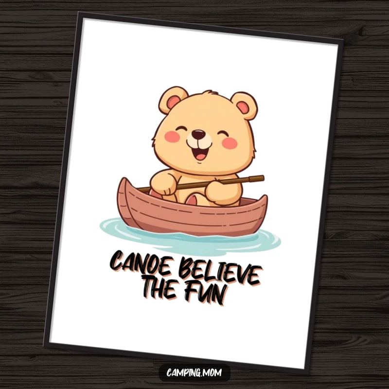 Funny Free Printable Wall Art: Mama bear with a cheerful grin, giggling while sitting in a canoe.