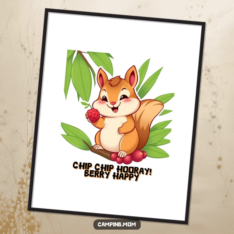 Funny Free Printable Wall Art featuring a cheerful chipmunk offering a berry from its palm with a sweet smile, radiating joy.