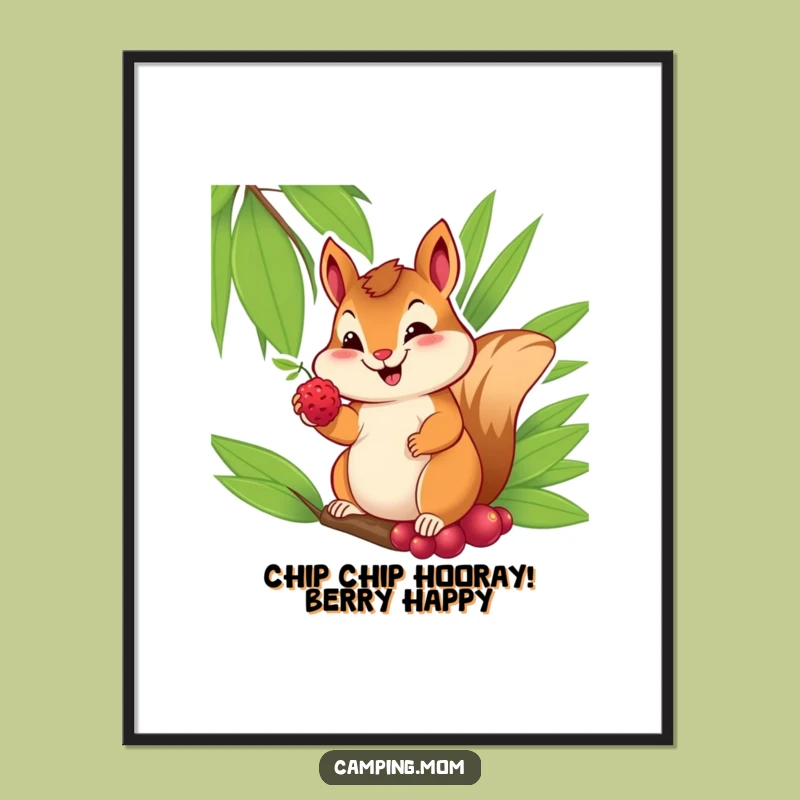 Free Printable Wall Art: Cheerful Chipmunk Offering Berry - Funny Downloadable
