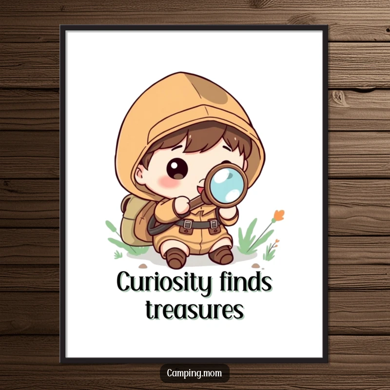 Funny Free Printable Wall Art: Adorable kawaii camper using a magnifying glass to examine details with wide-eyed wonder, perfect for display.