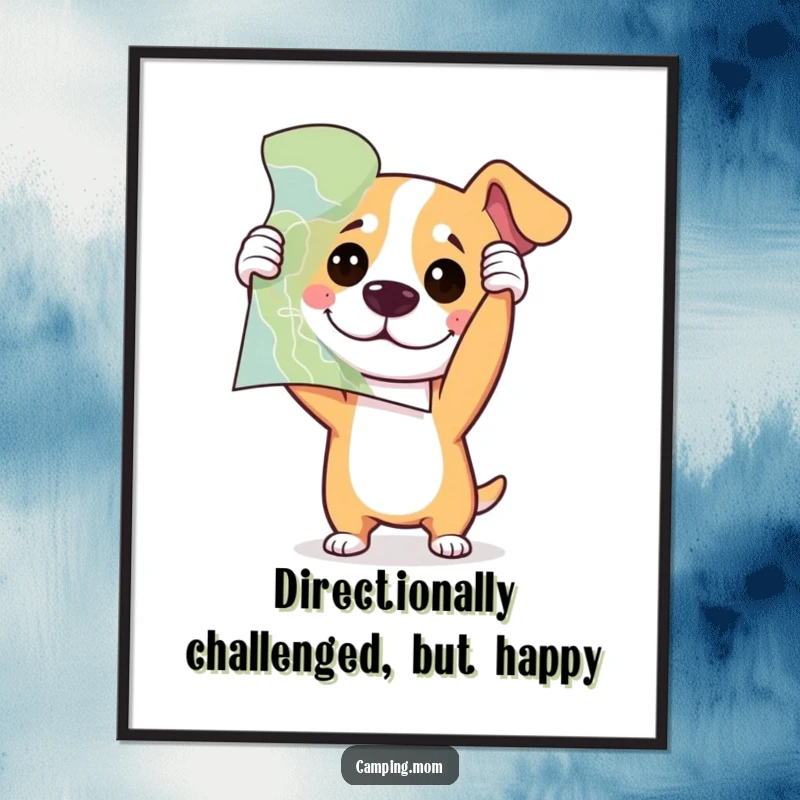 Funny Free Printable Wall Art: Dog holds a map upside down with a look of playful confusion.