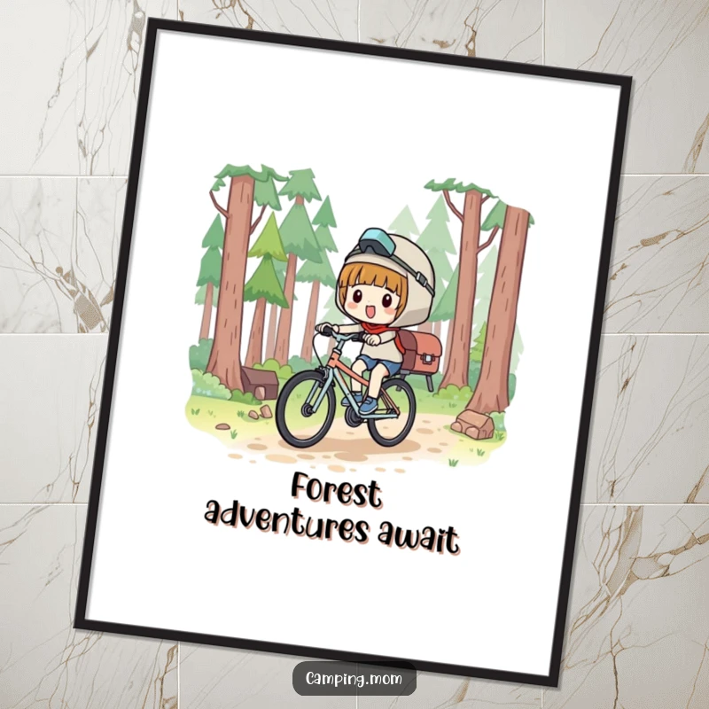 Funny Free Printable Wall Art: A cheerful kawaii camper cycling with glee on a sun-dappled forest path, perfect for display.