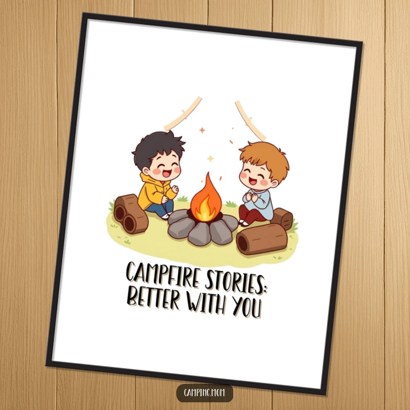 Funny Free Printable Wall Art: Friends share hearty laughs around a glowing campfire, evoking warmth and camaraderie.