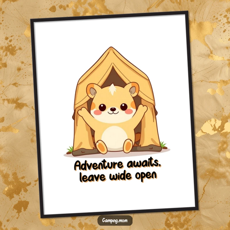Funny free printable wall art: camping animal happily waving a tent flap open, inviting viewers into a whimsical scene.