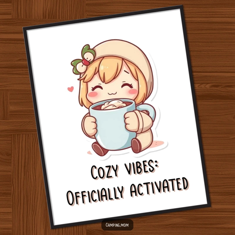 Funny Free Printable Wall Art: Adorable character sips soothing hot cocoa, creating a perfectly cozy atmosphere.