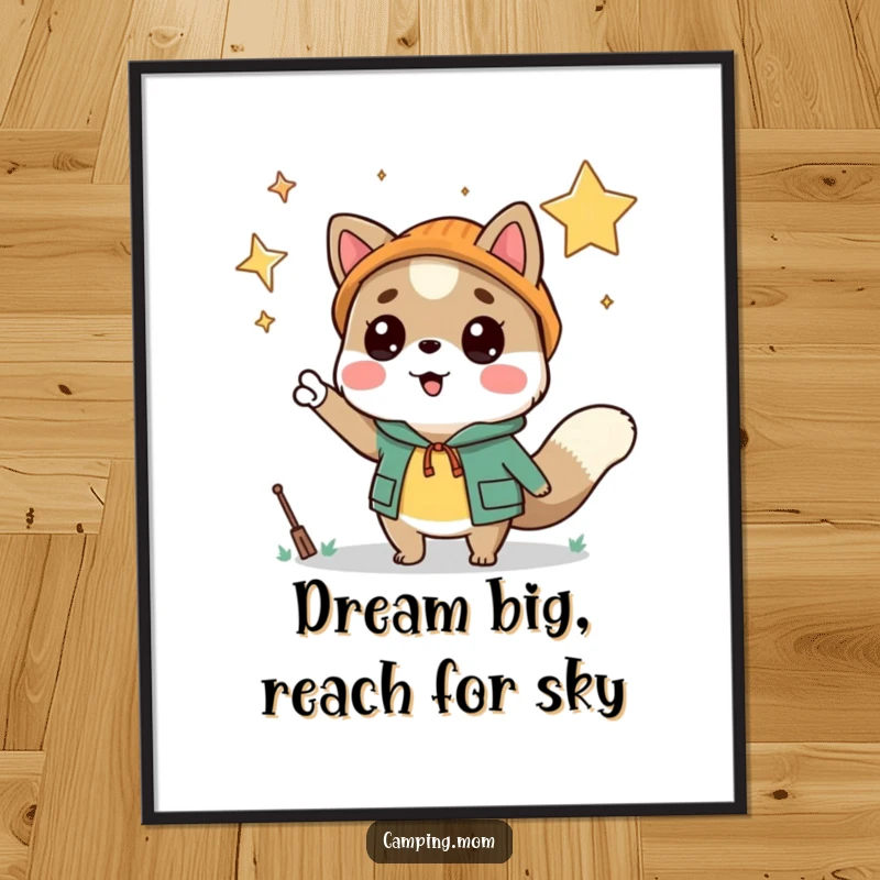 Funny free printable wall art: camping animal excitedly pointing at a glittering starry sky, inspiring awe and wonder.
