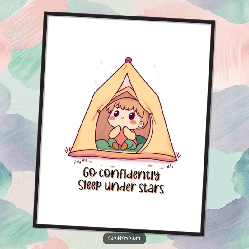 Funny Free Printable Wall Art showcasing a cute camping character in a tent, mesmerized by a vast, star-filled night sky.