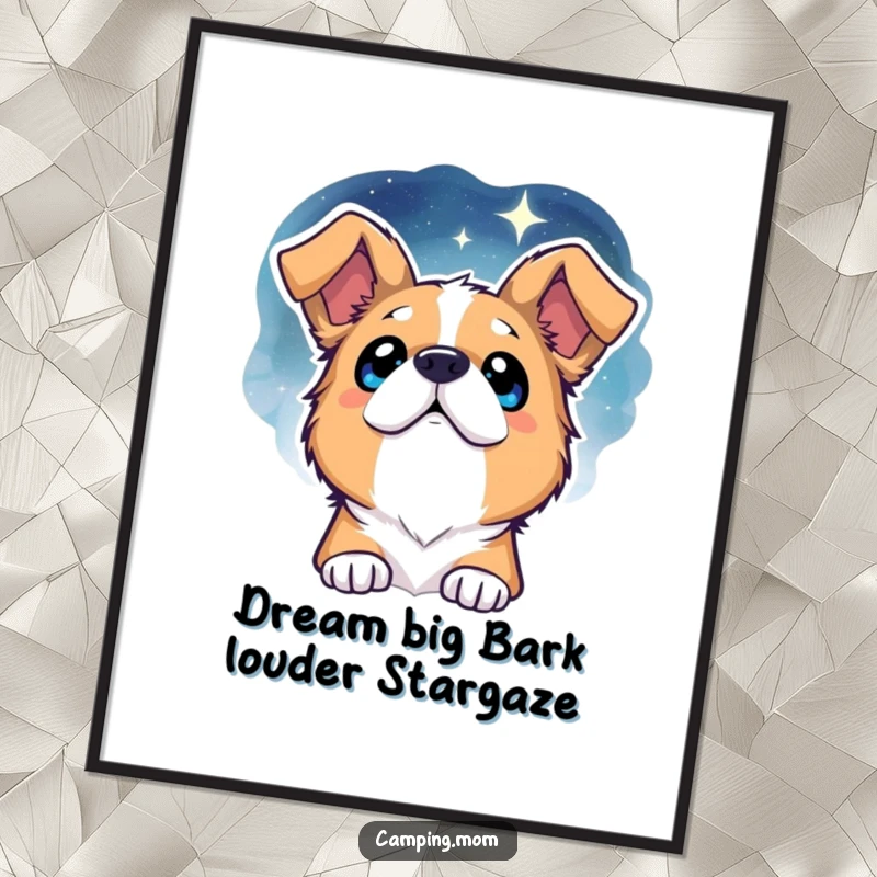 Funny free printable wall art of a dog with sparkling eyes gazing up at a vast, starry night sky.