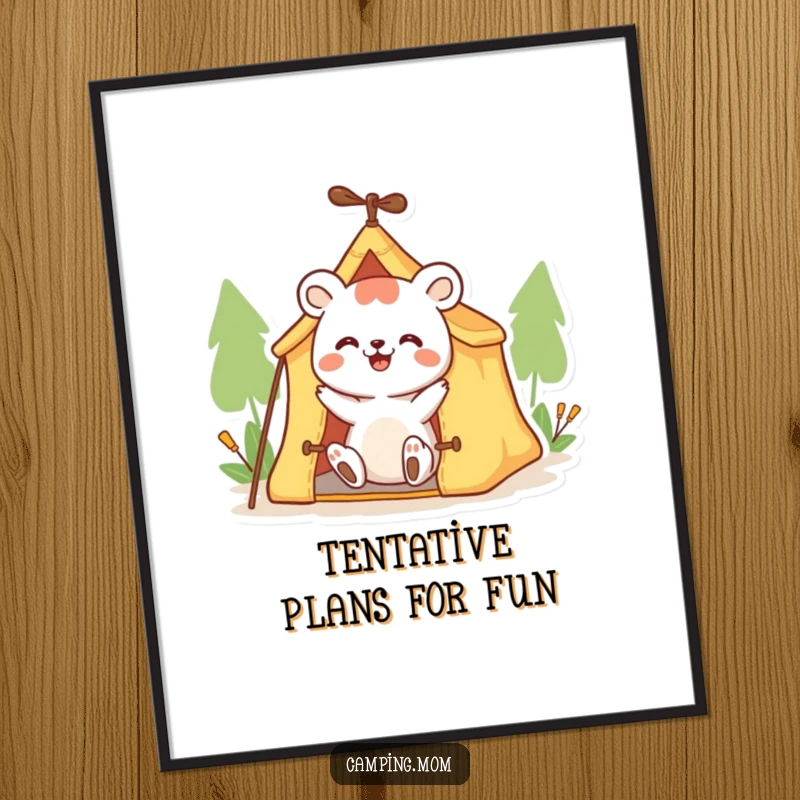 Funny Free Printable Wall Art: A happy animal character enthusiastically setting up a small tent, conveying adventure and joy, downloadable.