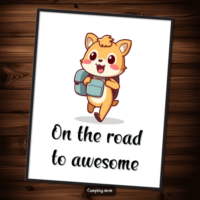 Funny Free Printable Wall Art: An excited animal character carrying a backpack, walking eagerly towards new horizons, a motivational piece.