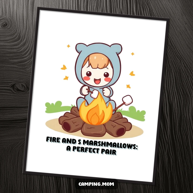 Funny free printable wall art of a character happily roasting marshmallows over a campfire, excellent downloadable art.