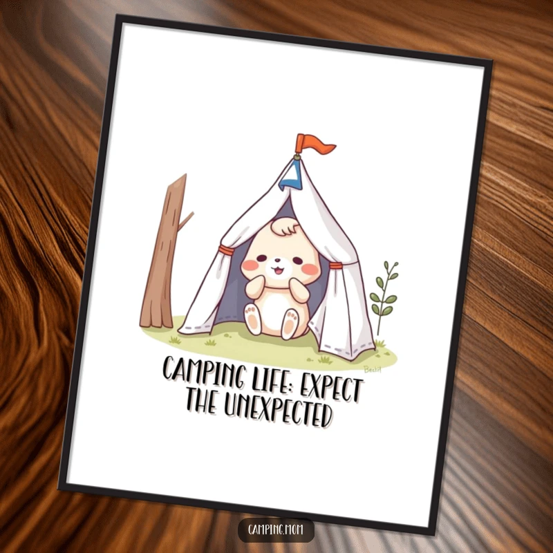 Funny Free Printable Wall Art: Playful animal character struggling comically to set up a tent, perfect for humorous downloadable decor.