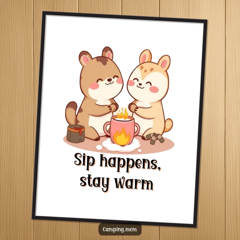 Funny Free Printable Wall Art: Giggling animal character sipping hot cocoa by a rustic stove, creating a cozy atmosphere.