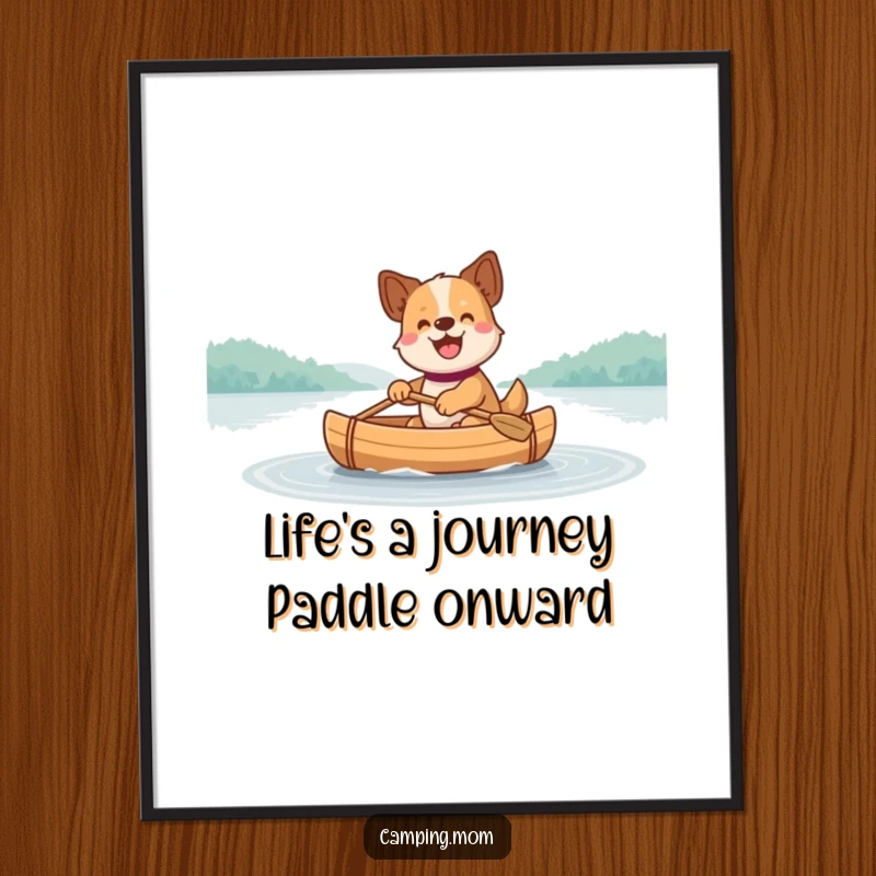 Funny free printable wall art showing a dog joyfully paddling a small canoe across a tranquil, glassy lake.