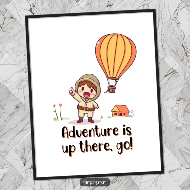 Funny Free Printable Wall Art: A whimsical camper joyfully points upwards at a magnificent hot air balloon drifting through the sky.