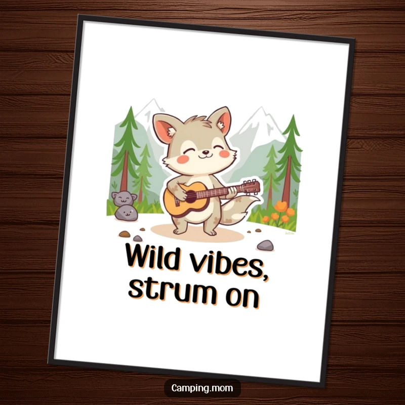 Funny Free Printable Wall Art: An animal character passionately playing a guitar amidst a scenic wilderness, full of energy.