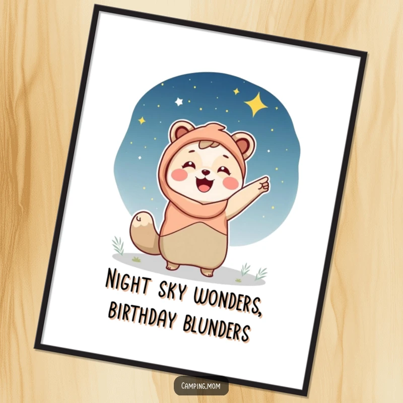 Funny free printable wall art, camping mom animal pointing happily at a vast starry night sky, wonder, exploration, humorous decor.