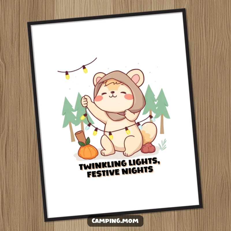 Funny free printable wall art, camping mom animal energetically setting up a string of fairy lights, whimsical decor, festive ambiance.