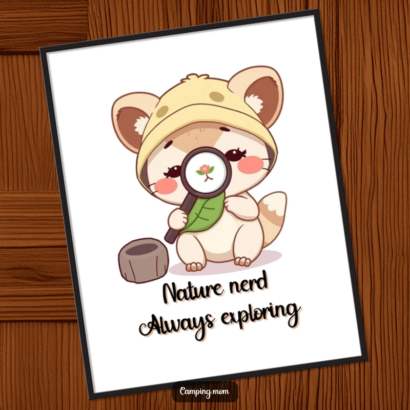 Funny Free Printable Wall Art: A cute camping mom animal uses a magnifying glass on a leaf, embodying curiosity and outdoor fun.