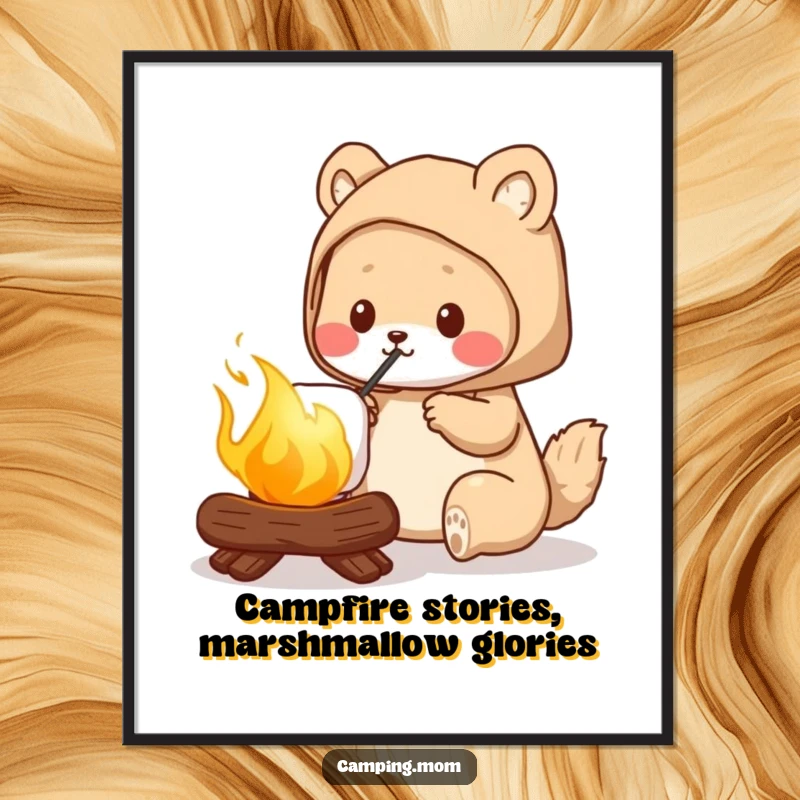 Funny free printable wall art, camping mom animal happily roasting a perfectly golden marshmallow, cozy outdoor scene, humorous decor.