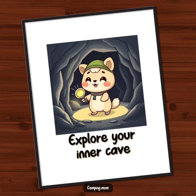 Funny Free Printable Wall Art: a giggling camping animal character holding a flashlight, bravely exploring a dark, mysterious cave.