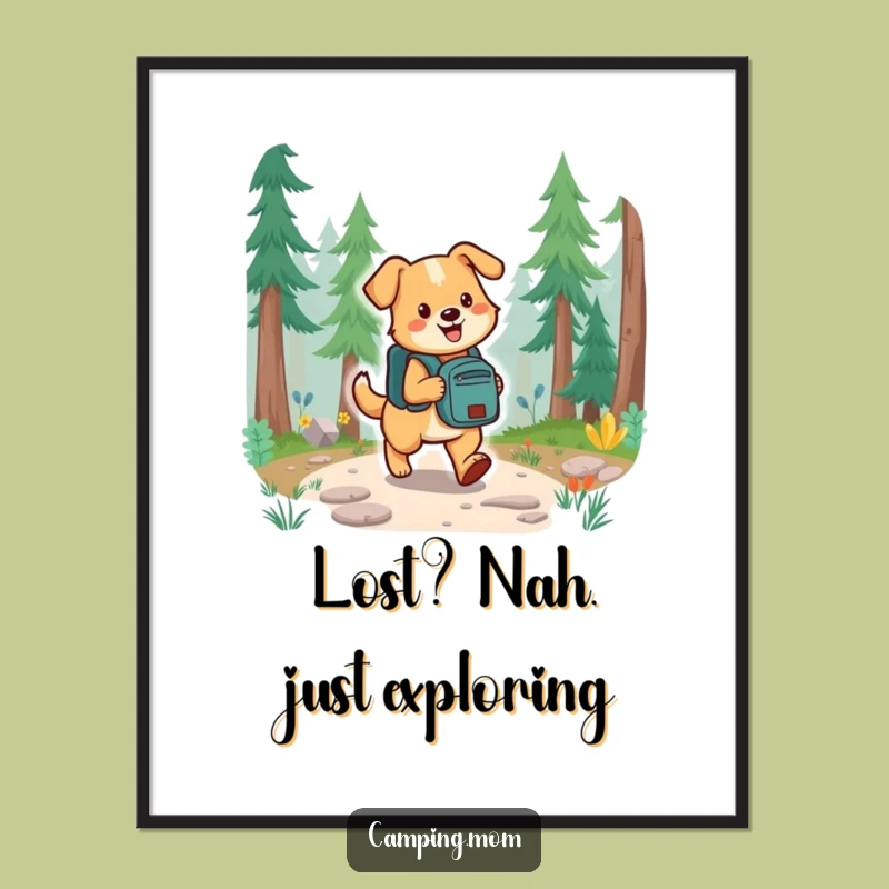 Funny Free Printable Wall Art: Happy Dog with Backpack Forest Trail Adventure